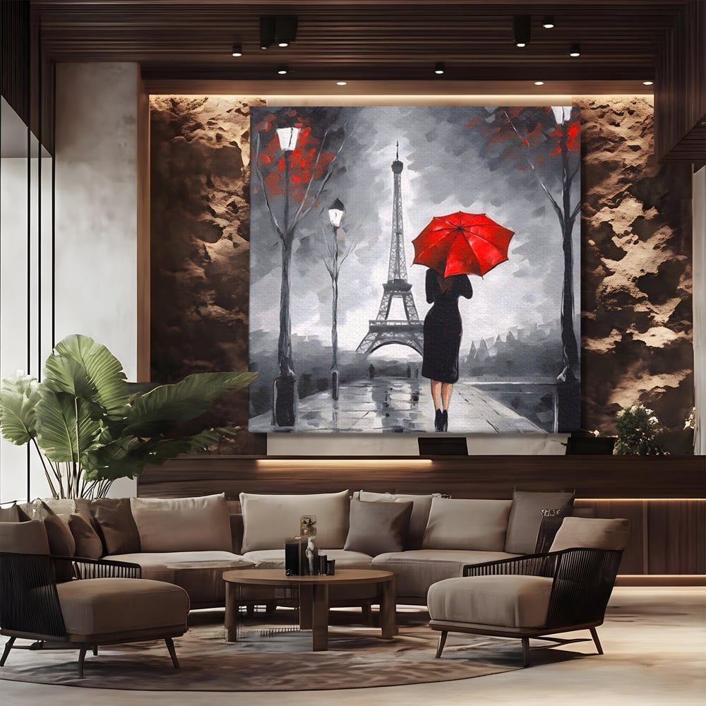 Tablou Canvas Premium LuxCanva® A1573, Fata Cu Umbrela , Living, Paris, Turn Eiffel, Ploaie, Plimbare, Room, Culori Vibrante