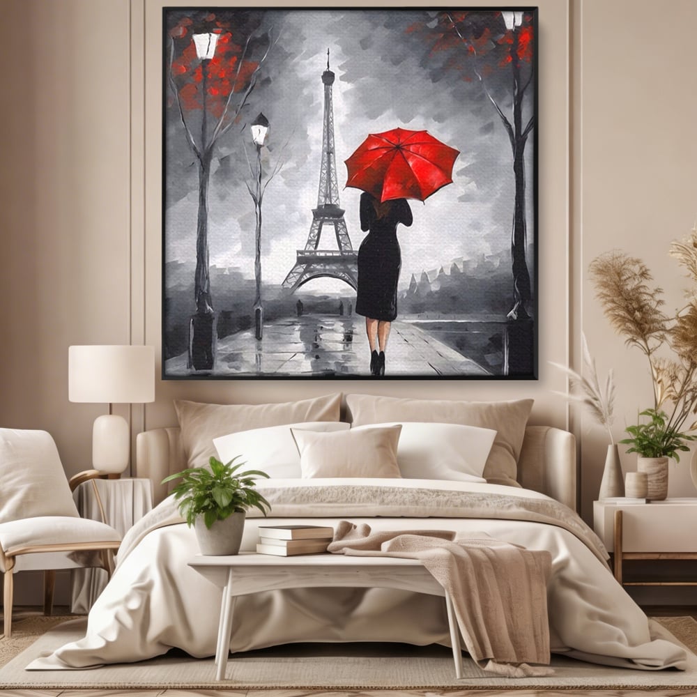 Tablou Canvas Premium LuxCanva® A1573, Fata Cu Umbrela , Living, Paris, Turn Eiffel, Ploaie, Plimbare, Room, Culori Vibrante