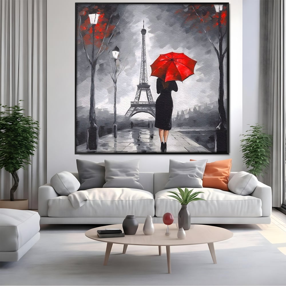 Tablou Canvas Premium LuxCanva® A1573, Fata Cu Umbrela , Living, Paris, Turn Eiffel, Ploaie, Plimbare, Room, Culori Vibrante