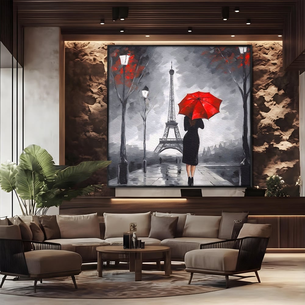 Tablou Canvas Premium LuxCanva® A1573, Fata Cu Umbrela , Living, Paris, Turn Eiffel, Ploaie, Plimbare, Room, Culori Vibrante