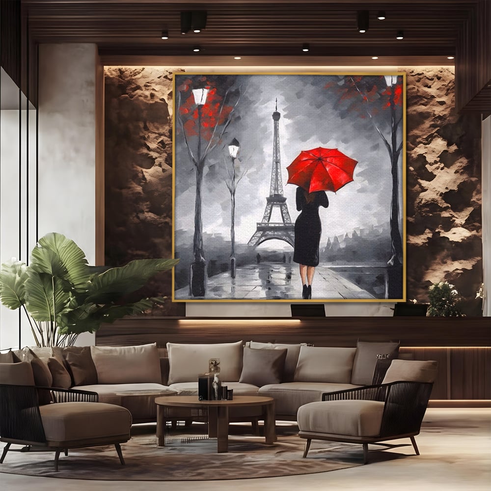 Tablou Canvas Premium LuxCanva® A1573, Fata Cu Umbrela , Living, Paris, Turn Eiffel, Ploaie, Plimbare, Room, Culori Vibrante