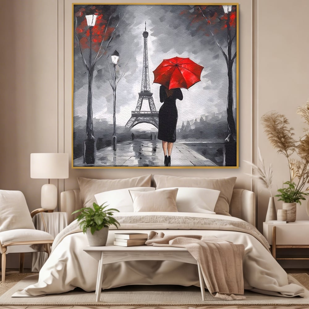 Tablou Canvas Premium LuxCanva® A1573, Fata Cu Umbrela , Living, Paris, Turn Eiffel, Ploaie, Plimbare, Room, Culori Vibrante