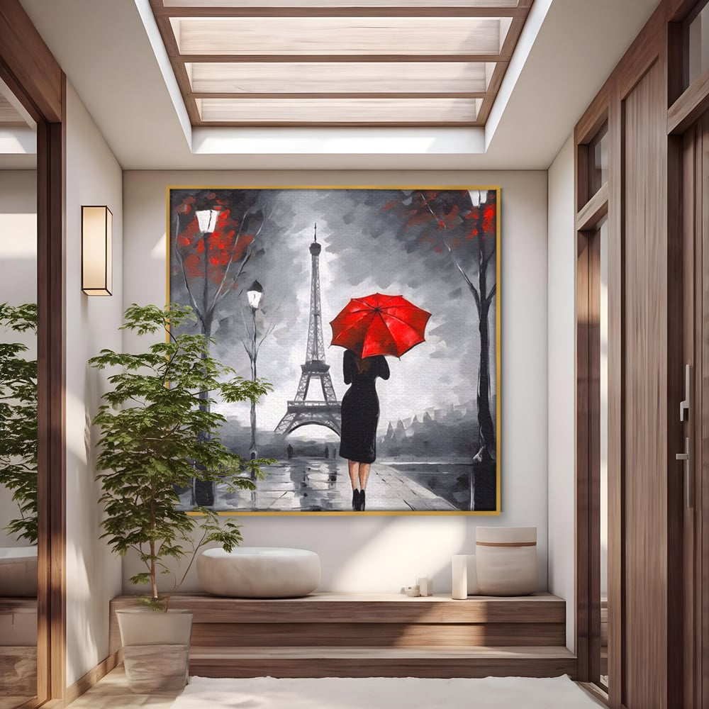Tablou Canvas Premium LuxCanva® A1573, Fata Cu Umbrela , Living, Paris, Turn Eiffel, Ploaie, Plimbare, Room, Culori Vibrante