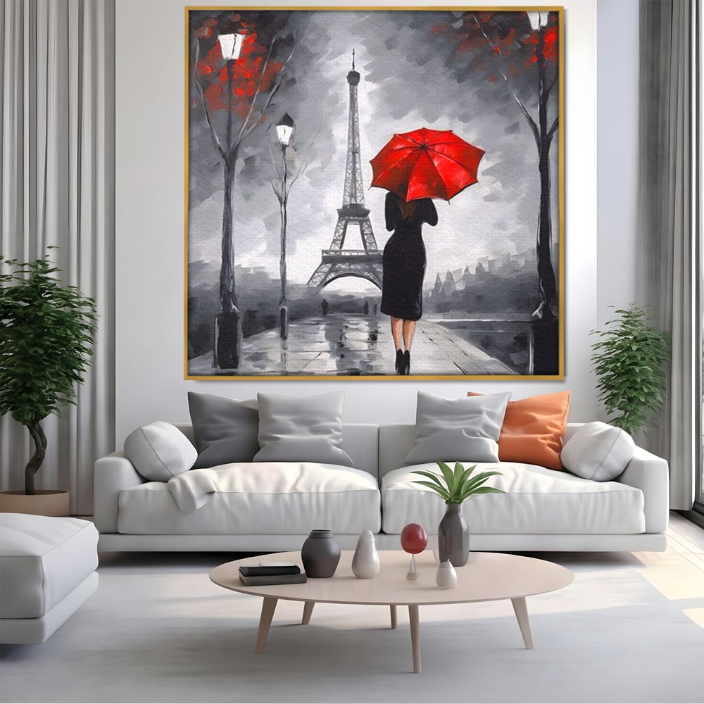 Tablou Canvas Premium LuxCanva® A1573, Fata Cu Umbrela , Living, Paris, Turn Eiffel, Ploaie, Plimbare, Room, Culori Vibrante