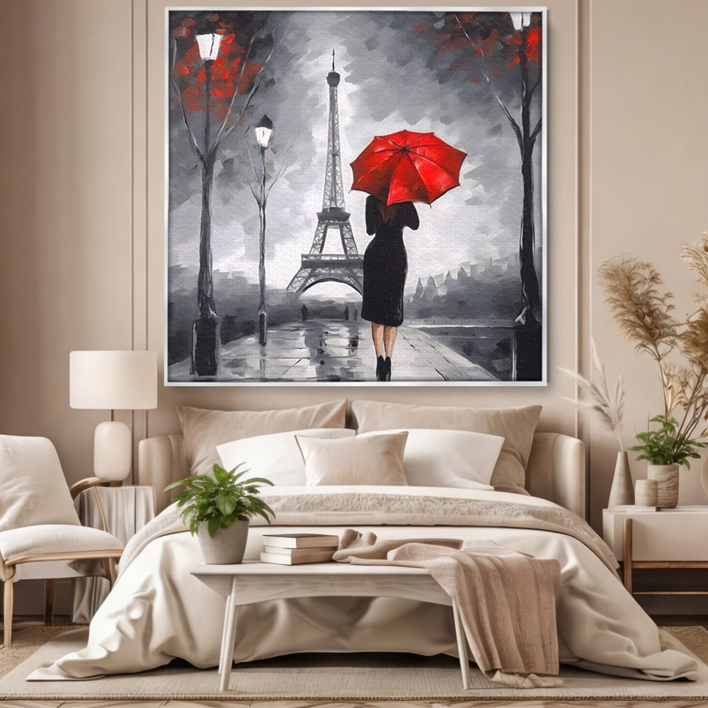 Tablou Canvas Premium LuxCanva® A1573, Fata Cu Umbrela , Living, Paris, Turn Eiffel, Ploaie, Plimbare, Room, Culori Vibrante