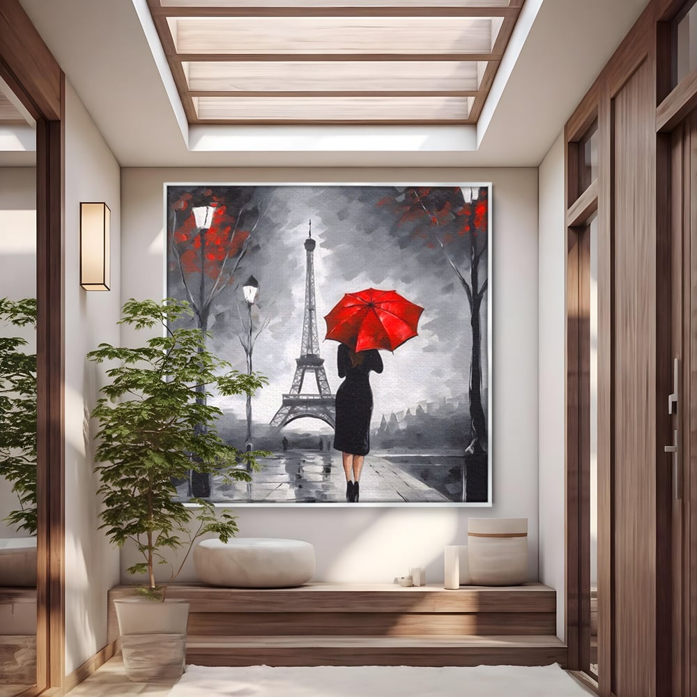 Tablou Canvas Premium LuxCanva® A1573, Fata Cu Umbrela , Living, Paris, Turn Eiffel, Ploaie, Plimbare, Room, Culori Vibrante