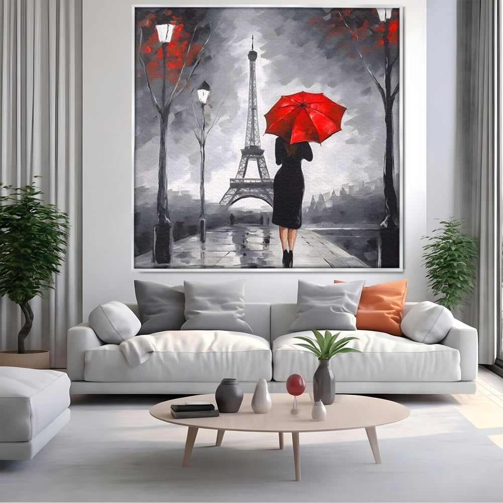 Tablou Canvas Premium LuxCanva® A1573, Fata Cu Umbrela , Living, Paris, Turn Eiffel, Ploaie, Plimbare, Room, Culori Vibrante