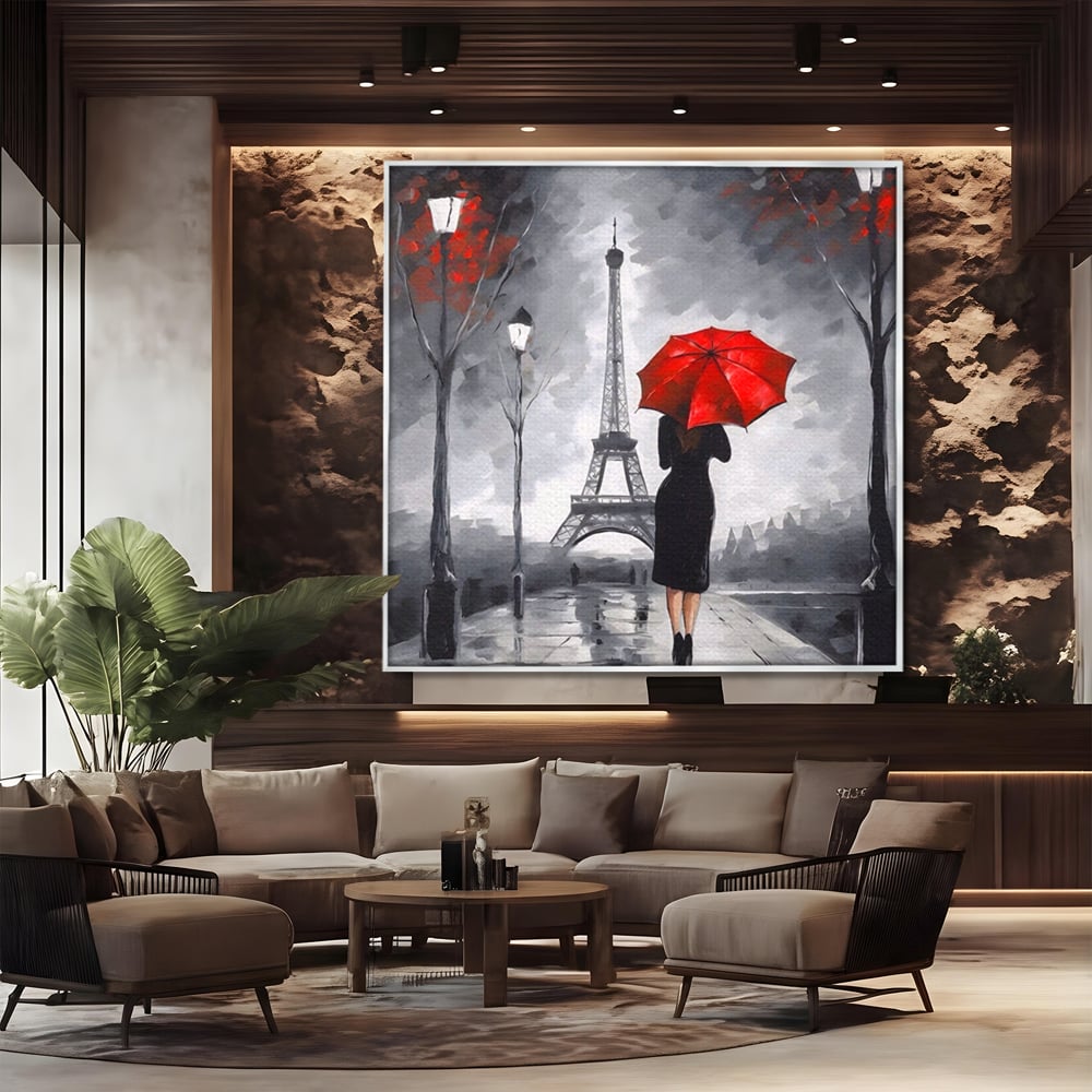 Tablou Canvas Premium LuxCanva® A1573, Fata Cu Umbrela , Living, Paris, Turn Eiffel, Ploaie, Plimbare, Room, Culori Vibrante