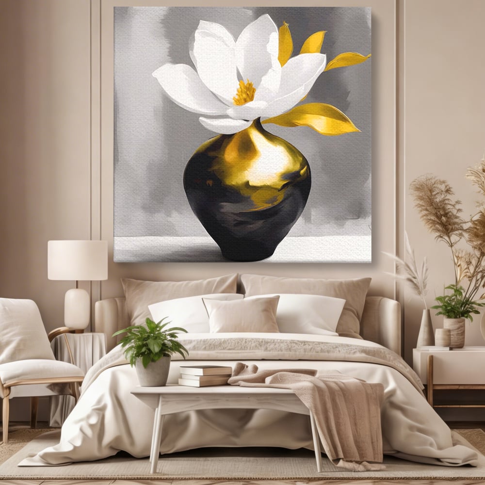 Tablou Canvas Premium LuxCanva® A1576, Armonie In Culori , Living, Floare, Vaza, Auriu, Planta, Room, Culori Vibrante
