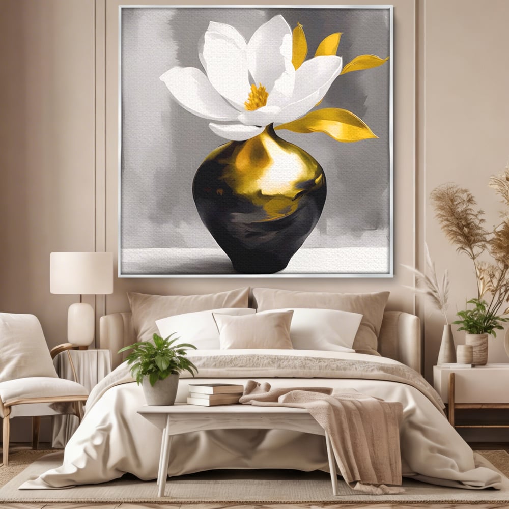Tablou Canvas Premium LuxCanva® A1576, Armonie In Culori , Living, Floare, Vaza, Auriu, Planta, Room, Culori Vibrante