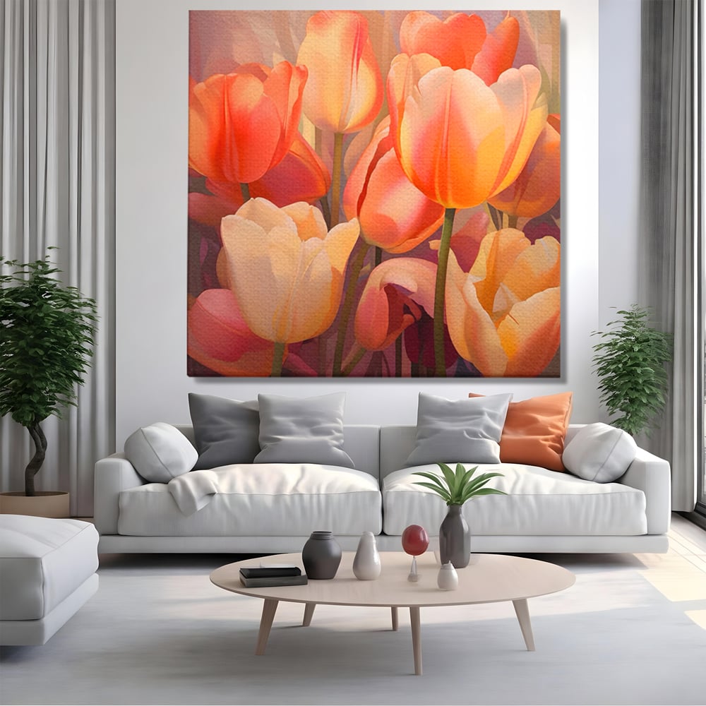 Leinwandbilder LuxCanva Premium Leinwandbilder® A1581, Blumenstrauß mit Tulpen, Schlafzimmer, Blumen, Frühling, Dekorativ, Wohnzimmer, Lebendige Farben