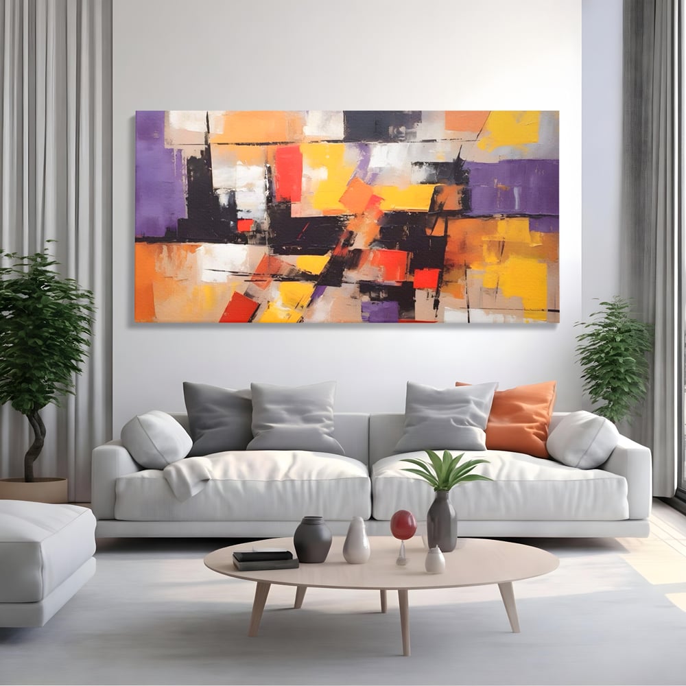 Tablou Canvas Premium LuxCanva® A1593, Contrast Violet , Living, Mov, Galben, Abstract, Decorativ, Dormtior, Culori Vibrante