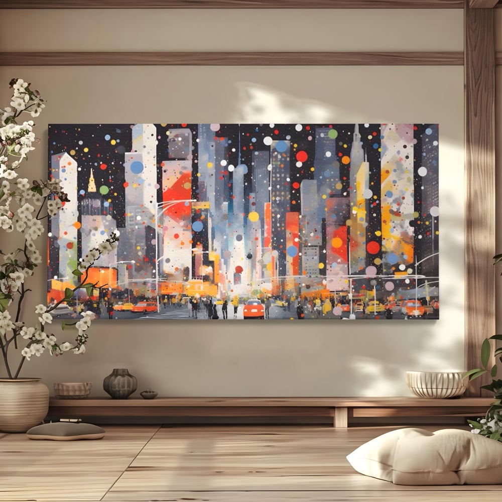 Tablou Canvas Premium LuxCanva® A1613, Un Oras Abstract , Living, Oameni, Lumini, Cladiri, Decorativ, Dormitor, Culori Vibrante