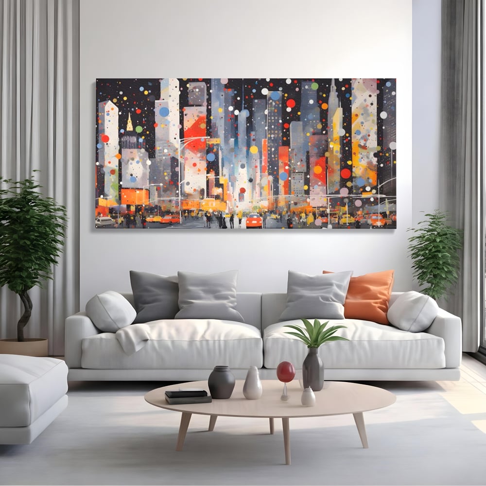 Tablou Canvas Premium LuxCanva® A1613, Un Oras Abstract , Living, Oameni, Lumini, Cladiri, Decorativ, Dormitor, Culori Vibrante