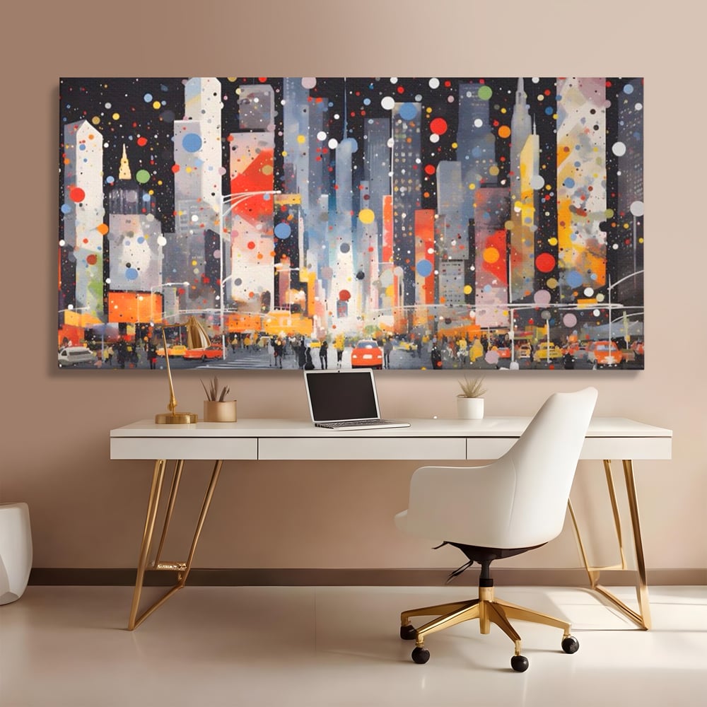 Tablou Canvas Premium LuxCanva® A1613, Un Oras Abstract , Living, Oameni, Lumini, Cladiri, Decorativ, Dormitor, Culori Vibrante