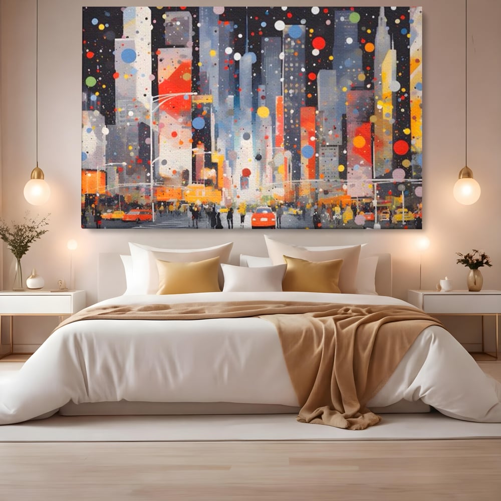 Tablou Canvas Premium LuxCanva® A1613, Un Oras Abstract , Living, Oameni, Lumini, Cladiri, Decorativ, Dormitor, Culori Vibrante