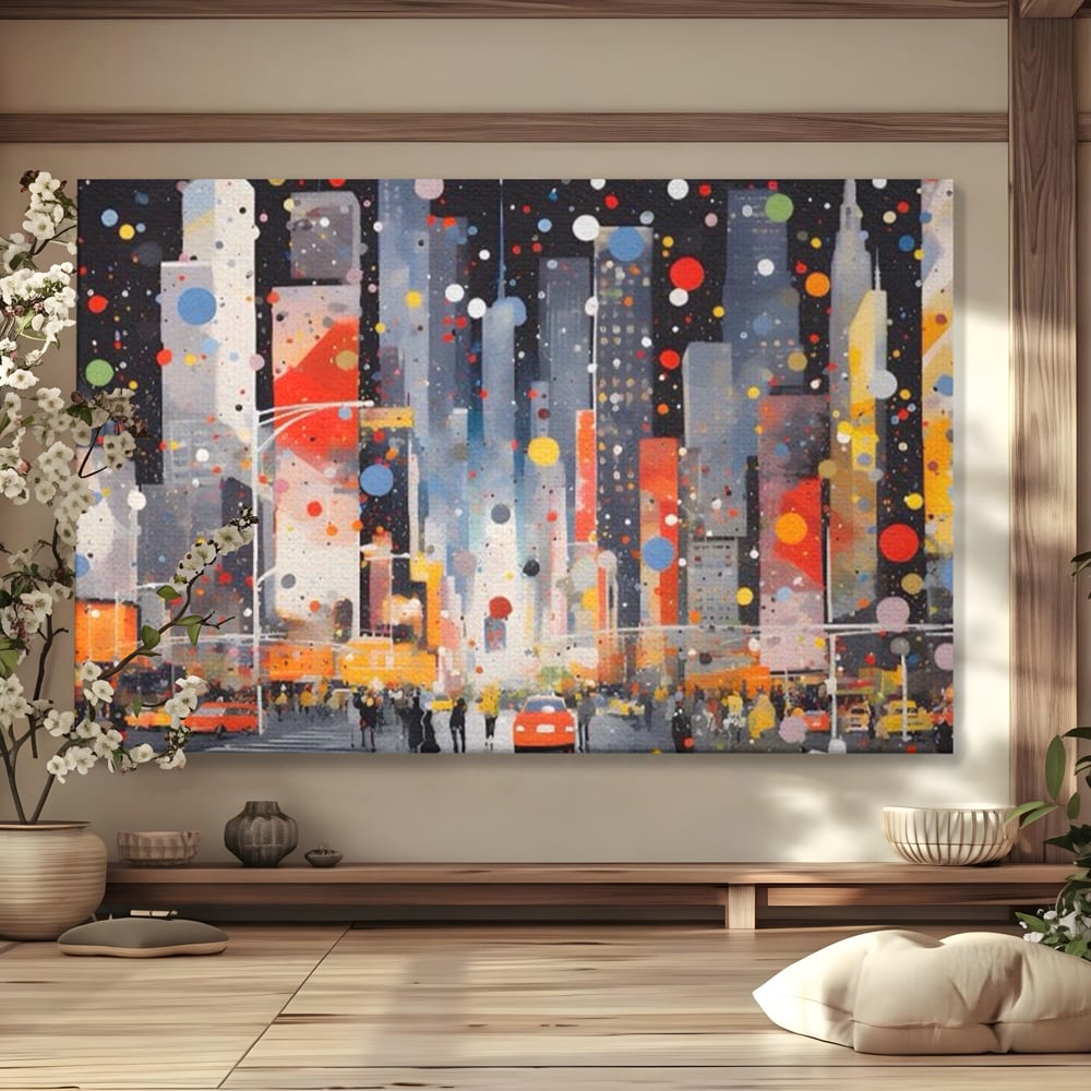 Tablou Canvas Premium LuxCanva® A1613, Un Oras Abstract , Living, Oameni, Lumini, Cladiri, Decorativ, Dormitor, Culori Vibrante