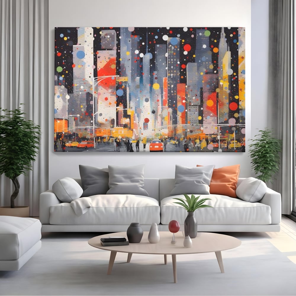 Tablou Canvas Premium LuxCanva® A1613, Un Oras Abstract , Living, Oameni, Lumini, Cladiri, Decorativ, Dormitor, Culori Vibrante