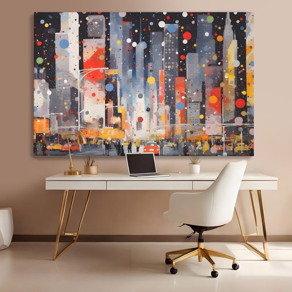 Tablou Canvas Premium LuxCanva® A1613, Un Oras Abstract , Living, Oameni, Lumini, Cladiri, Decorativ, Dormitor, Culori Vibrante
