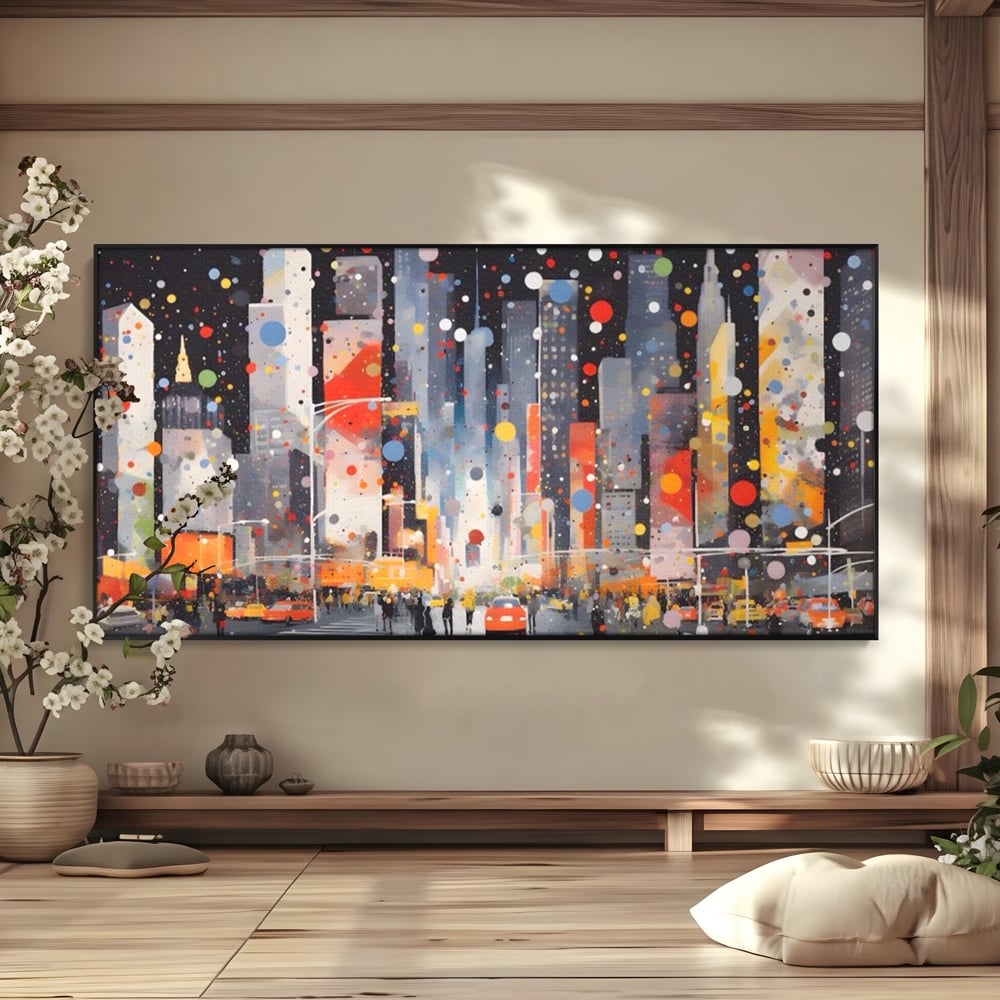 Tablou Canvas Premium LuxCanva® A1613, Un Oras Abstract , Living, Oameni, Lumini, Cladiri, Decorativ, Dormitor, Culori Vibrante