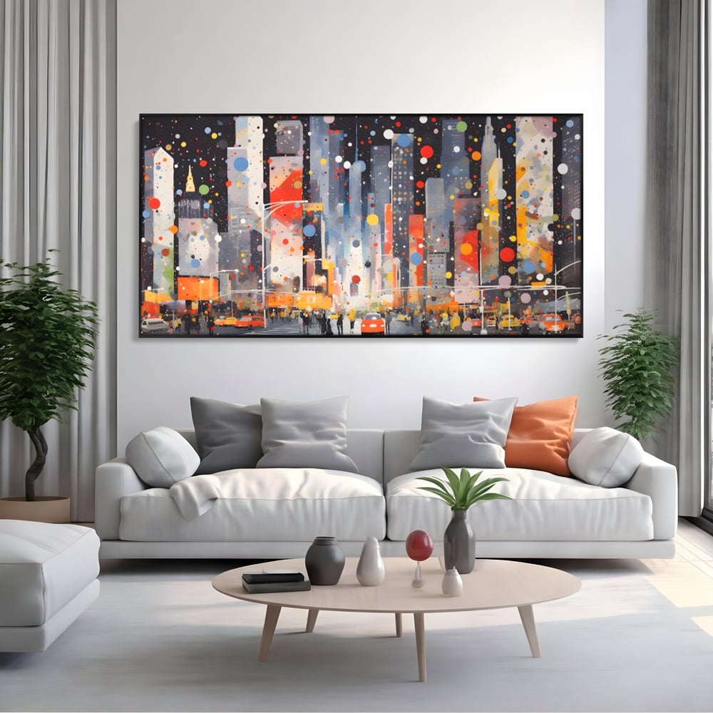 Tablou Canvas Premium LuxCanva® A1613, Un Oras Abstract , Living, Oameni, Lumini, Cladiri, Decorativ, Dormitor, Culori Vibrante