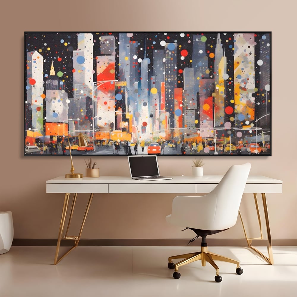 Tablou Canvas Premium LuxCanva® A1613, Un Oras Abstract , Living, Oameni, Lumini, Cladiri, Decorativ, Dormitor, Culori Vibrante