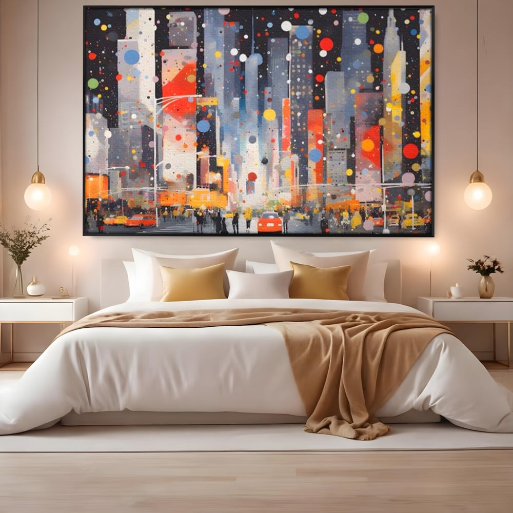 Tablou Canvas Premium LuxCanva® A1613, Un Oras Abstract , Living, Oameni, Lumini, Cladiri, Decorativ, Dormitor, Culori Vibrante