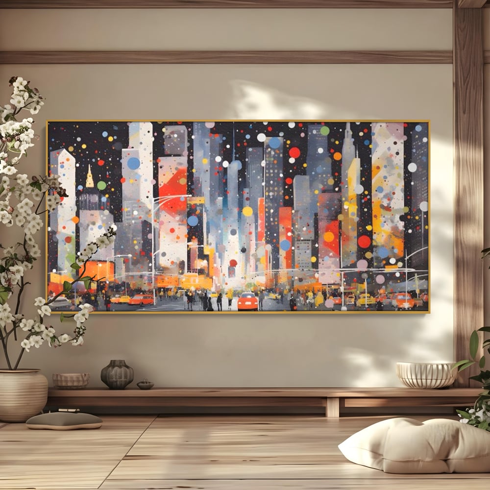 Tablou Canvas Premium LuxCanva® A1613, Un Oras Abstract , Living, Oameni, Lumini, Cladiri, Decorativ, Dormitor, Culori Vibrante