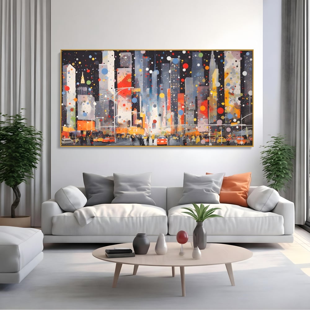Tablou Canvas Premium LuxCanva® A1613, Un Oras Abstract , Living, Oameni, Lumini, Cladiri, Decorativ, Dormitor, Culori Vibrante