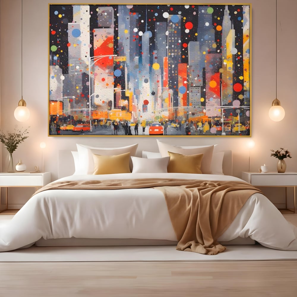 Tablou Canvas Premium LuxCanva® A1613, Un Oras Abstract , Living, Oameni, Lumini, Cladiri, Decorativ, Dormitor, Culori Vibrante