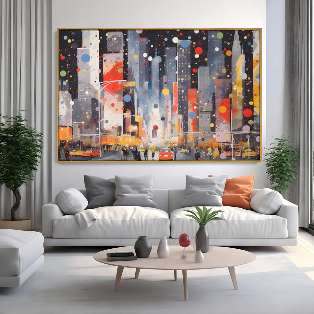 Tablou Canvas Premium LuxCanva® A1613, Un Oras Abstract , Living, Oameni, Lumini, Cladiri, Decorativ, Dormitor, Culori Vibrante