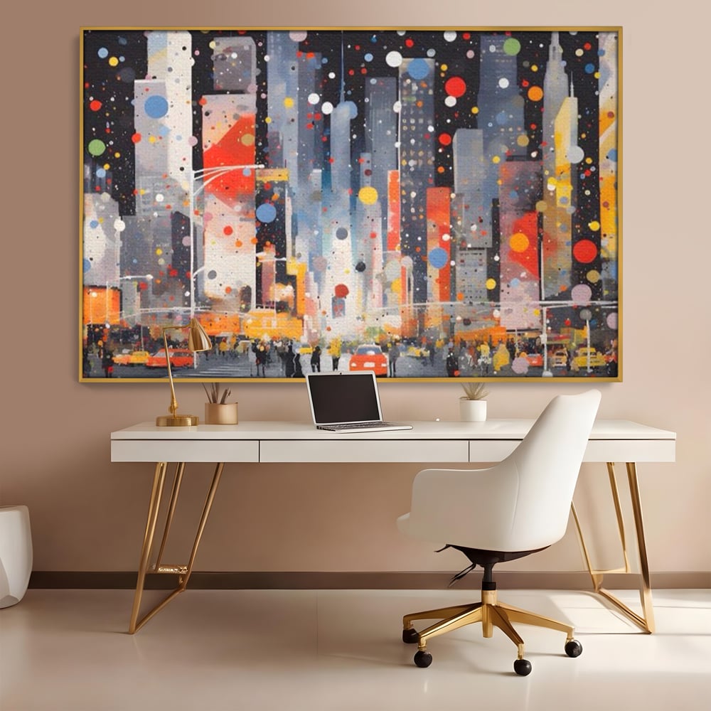 Tablou Canvas Premium LuxCanva® A1613, Un Oras Abstract , Living, Oameni, Lumini, Cladiri, Decorativ, Dormitor, Culori Vibrante