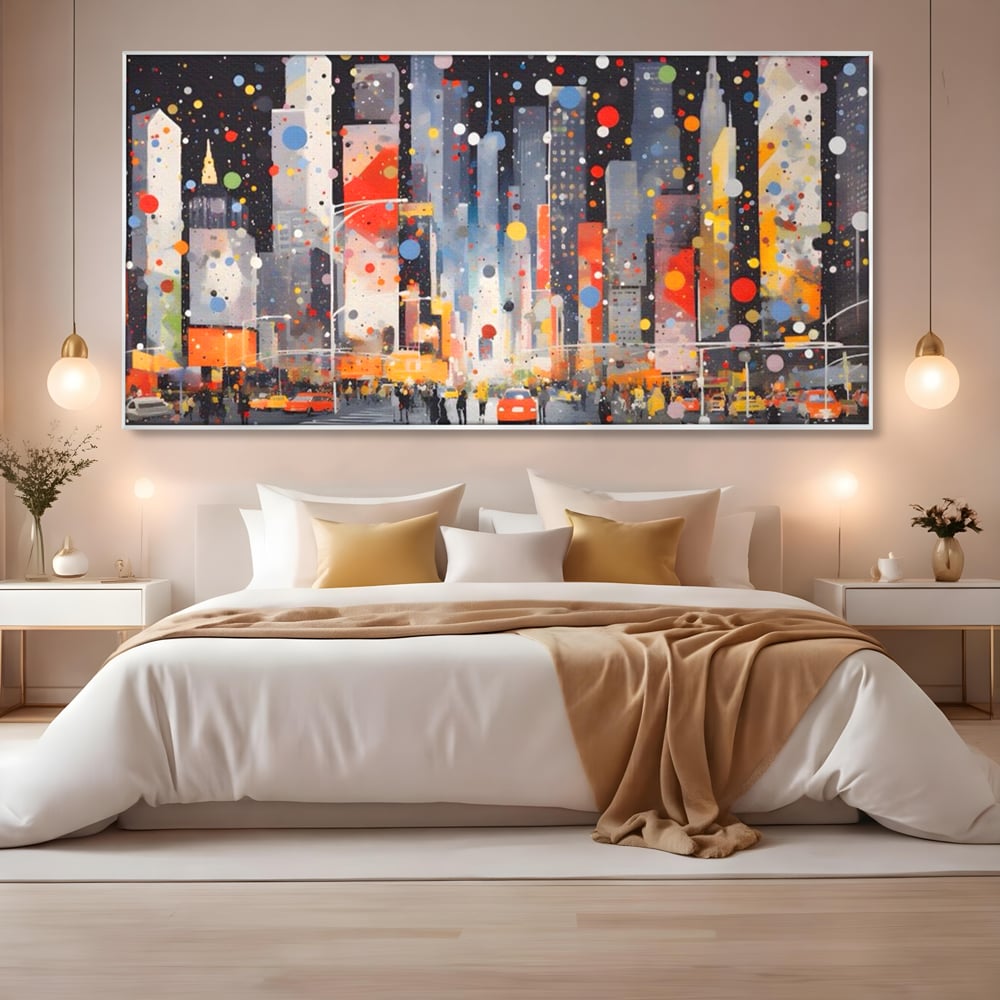 Tablou Canvas Premium LuxCanva® A1613, Un Oras Abstract , Living, Oameni, Lumini, Cladiri, Decorativ, Dormitor, Culori Vibrante