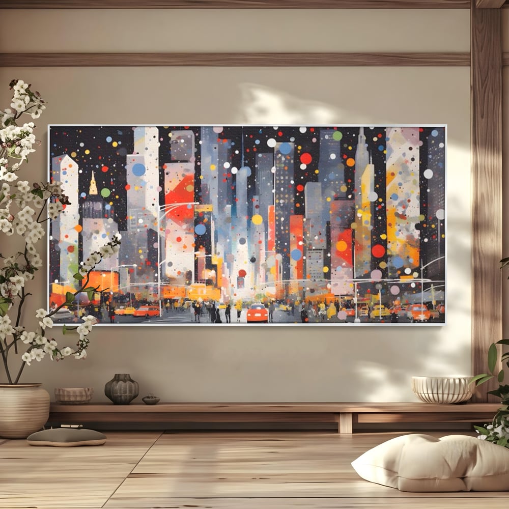Tablou Canvas Premium LuxCanva® A1613, Un Oras Abstract , Living, Oameni, Lumini, Cladiri, Decorativ, Dormitor, Culori Vibrante