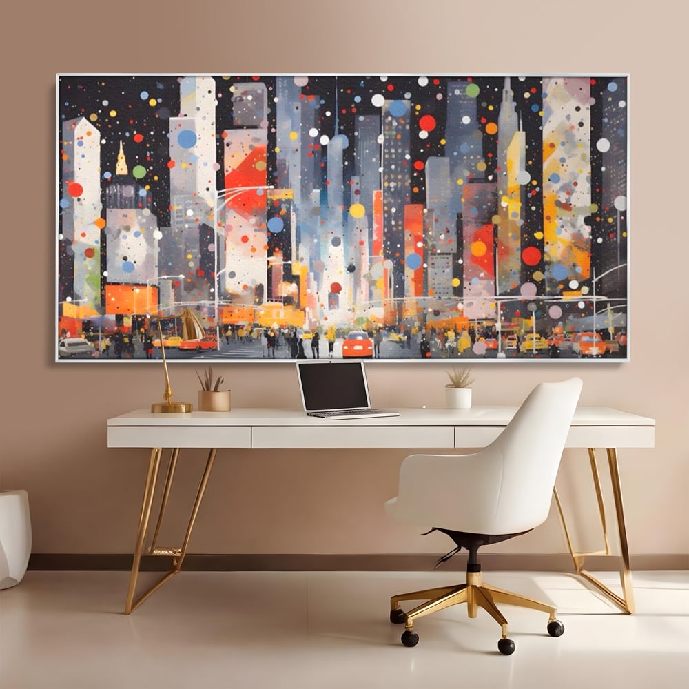 Tablou Canvas Premium LuxCanva® A1613, Un Oras Abstract , Living, Oameni, Lumini, Cladiri, Decorativ, Dormitor, Culori Vibrante