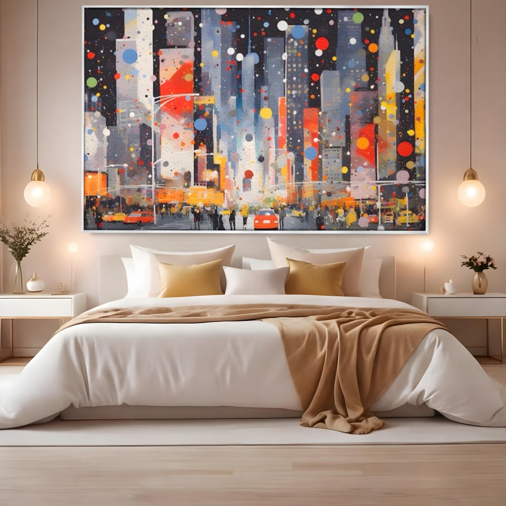 Tablou Canvas Premium LuxCanva® A1613, Un Oras Abstract , Living, Oameni, Lumini, Cladiri, Decorativ, Dormitor, Culori Vibrante