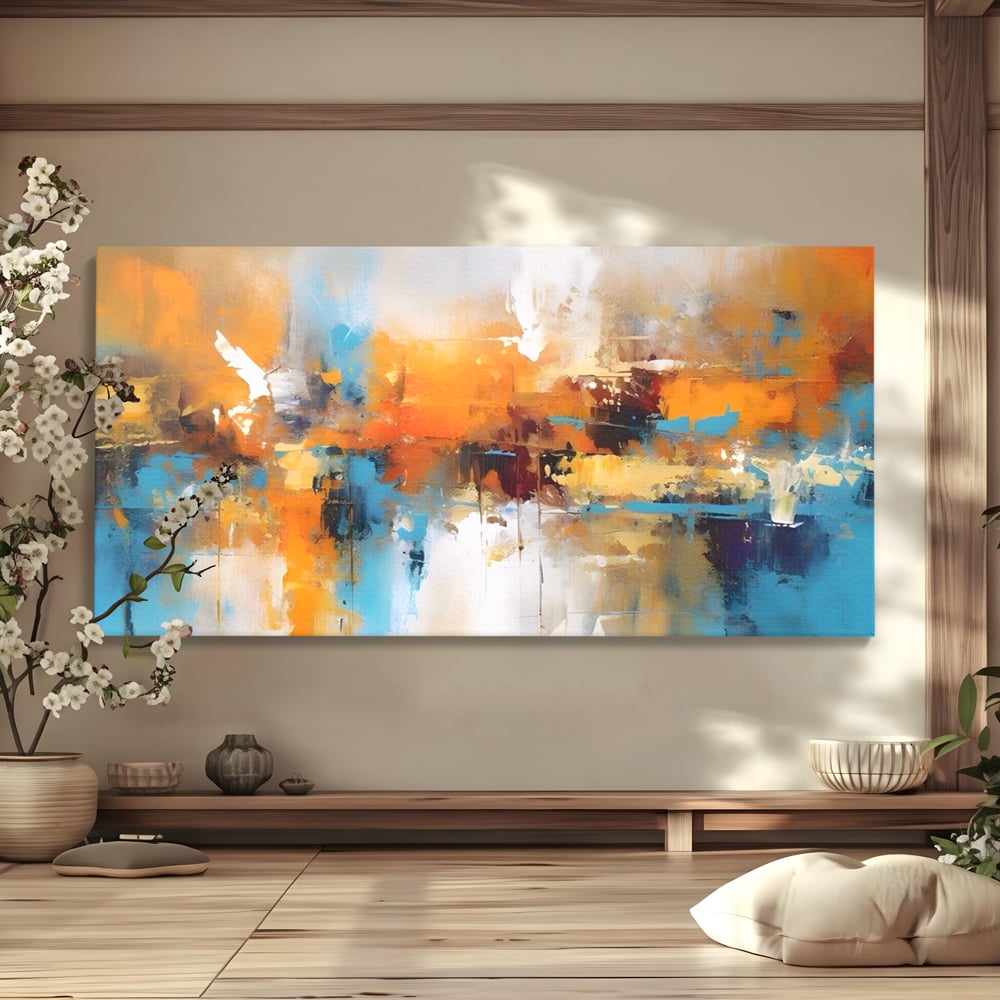 Leinwandbilder LuxCanva Premium Leinwandbilder® A1616, Flüstern der Farben, Cafe, Abstrakt, Orange, Blau, Dekorativ, Schlafzimmer, Lebendige Farben