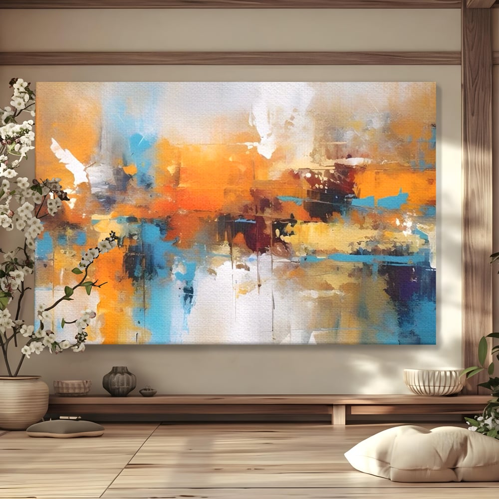 Leinwandbilder LuxCanva Premium Leinwandbilder® A1616, Flüstern der Farben, Cafe, Abstrakt, Orange, Blau, Dekorativ, Schlafzimmer, Lebendige Farben