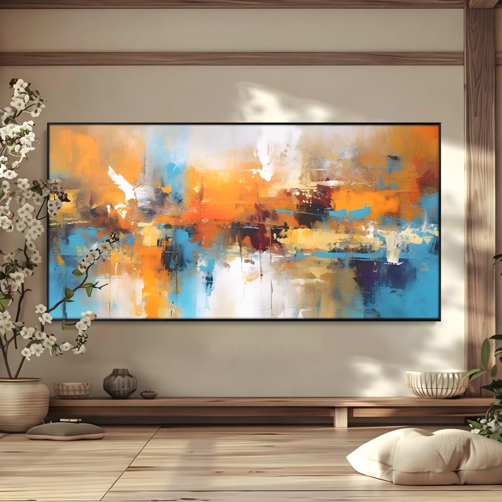 Leinwandbilder LuxCanva Premium Leinwandbilder® A1616, Flüstern der Farben, Cafe, Abstrakt, Orange, Blau, Dekorativ, Schlafzimmer, Lebendige Farben