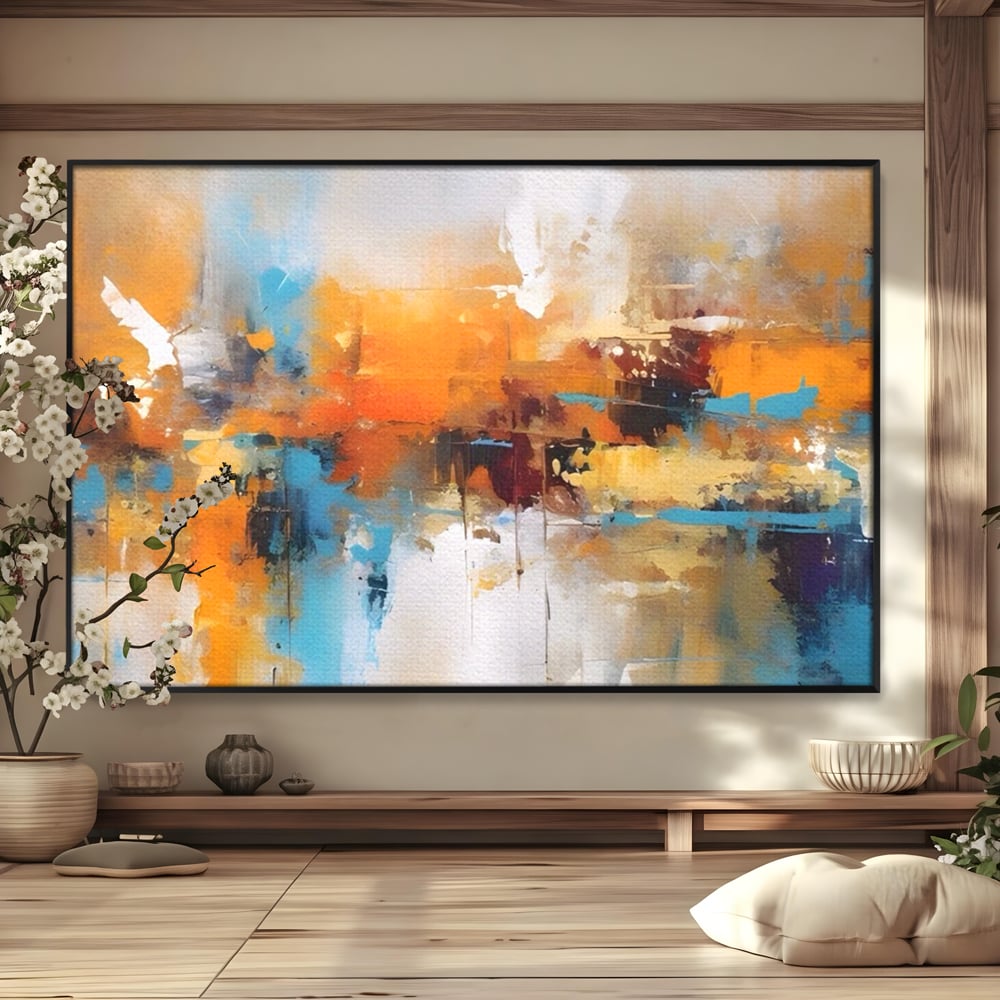 Leinwandbilder LuxCanva Premium Leinwandbilder® A1616, Flüstern der Farben, Cafe, Abstrakt, Orange, Blau, Dekorativ, Schlafzimmer, Lebendige Farben
