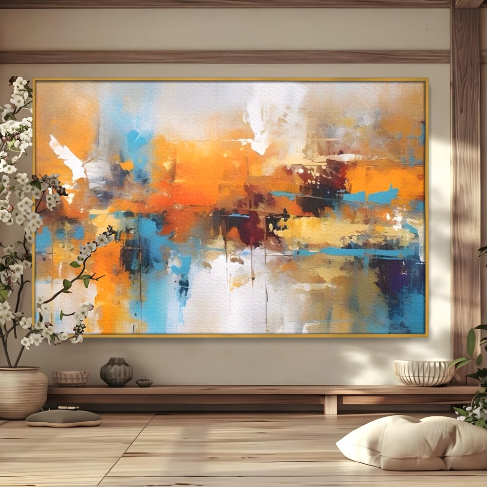 Leinwandbilder LuxCanva Premium Leinwandbilder® A1616, Flüstern der Farben, Cafe, Abstrakt, Orange, Blau, Dekorativ, Schlafzimmer, Lebendige Farben