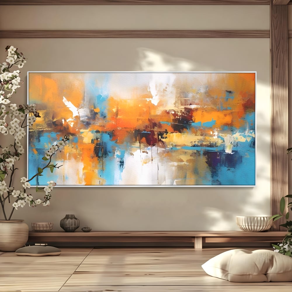 Leinwandbilder LuxCanva Premium Leinwandbilder® A1616, Flüstern der Farben, Cafe, Abstrakt, Orange, Blau, Dekorativ, Schlafzimmer, Lebendige Farben