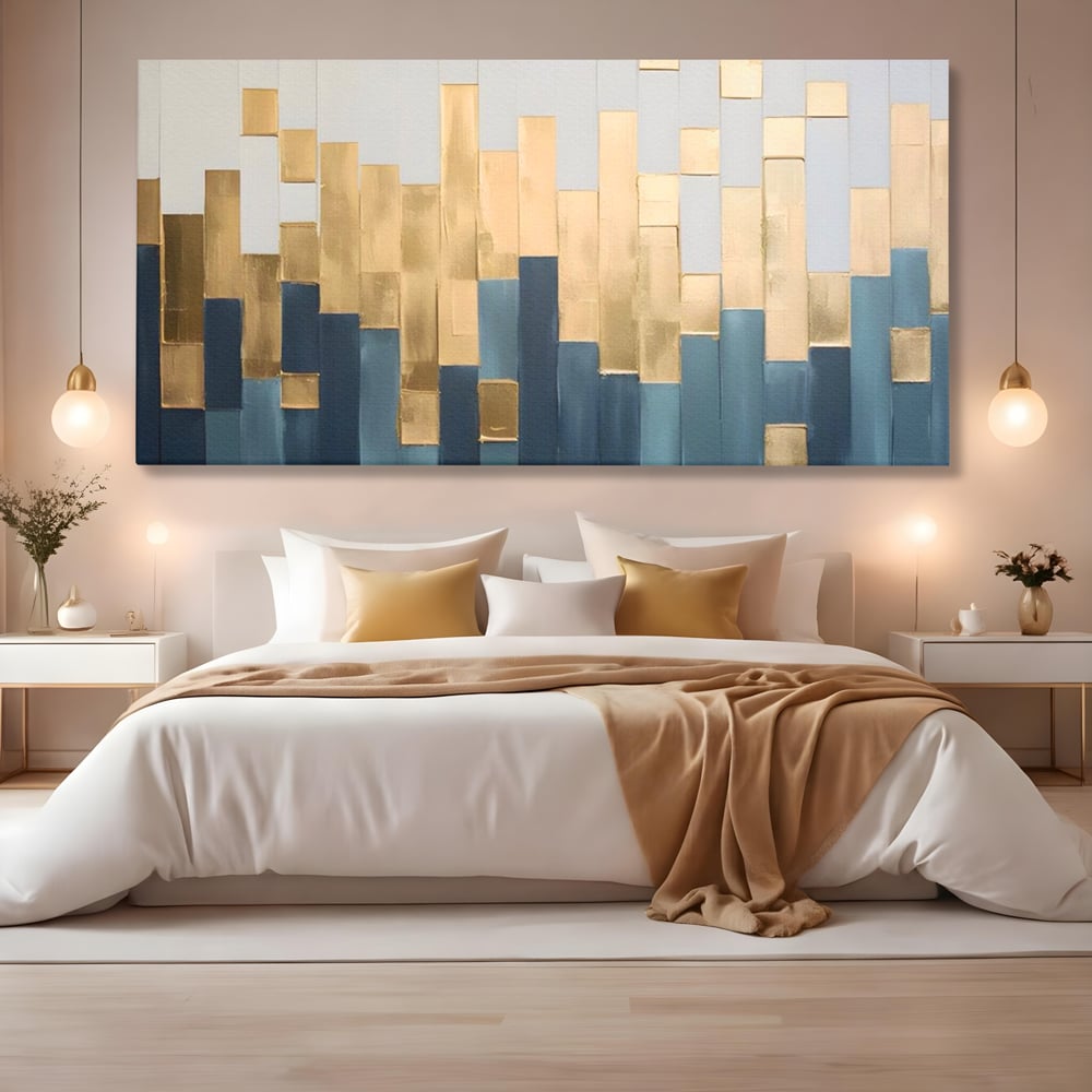 Tablou Canvas Premium LuxCanva® A1630, Mozaic Auriu , Living, Patrate, Turcoaz, Ploaie, Decorativ, Dormitor, Culori Vibrante