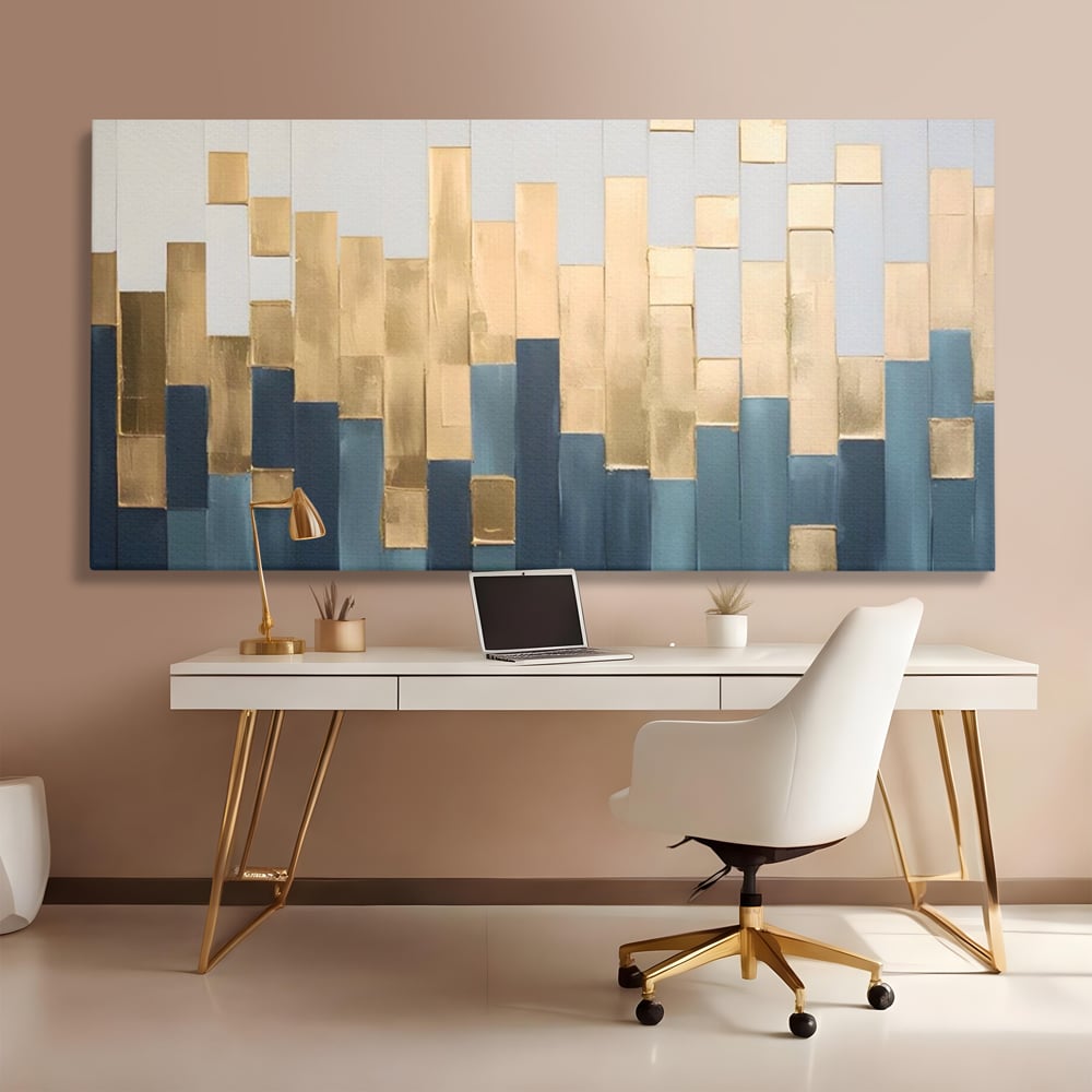 Tablou Canvas Premium LuxCanva® A1630, Mozaic Auriu , Living, Patrate, Turcoaz, Ploaie, Decorativ, Dormitor, Culori Vibrante