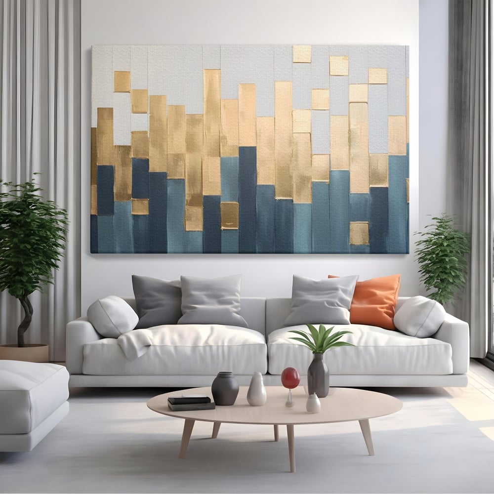 Tablou Canvas Premium LuxCanva® A1630, Mozaic Auriu , Living, Patrate, Turcoaz, Ploaie, Decorativ, Dormitor, Culori Vibrante
