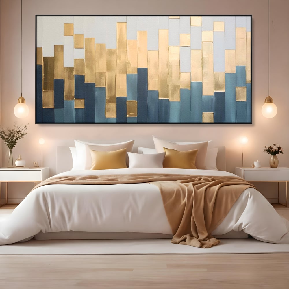 Tablou Canvas Premium LuxCanva® A1630, Mozaic Auriu , Living, Patrate, Turcoaz, Ploaie, Decorativ, Dormitor, Culori Vibrante