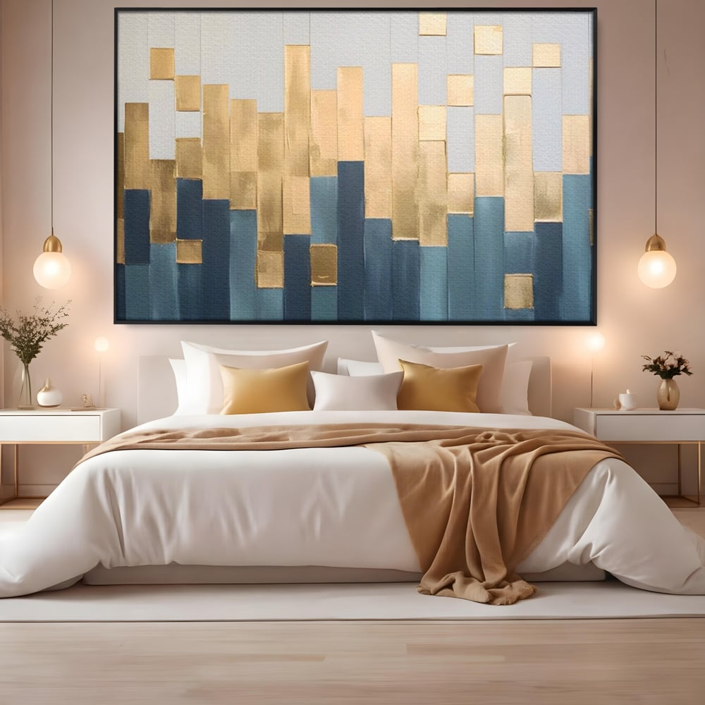 Tablou Canvas Premium LuxCanva® A1630, Mozaic Auriu , Living, Patrate, Turcoaz, Ploaie, Decorativ, Dormitor, Culori Vibrante