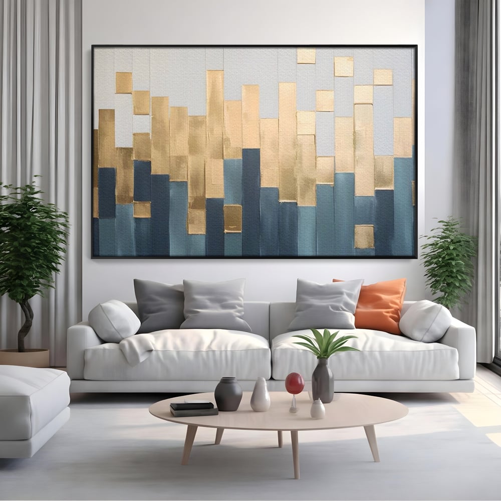 Tablou Canvas Premium LuxCanva® A1630, Mozaic Auriu , Living, Patrate, Turcoaz, Ploaie, Decorativ, Dormitor, Culori Vibrante