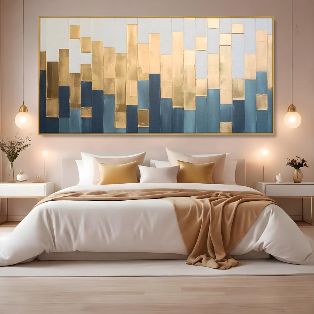 Tablou Canvas Premium LuxCanva® A1630, Mozaic Auriu , Living, Patrate, Turcoaz, Ploaie, Decorativ, Dormitor, Culori Vibrante
