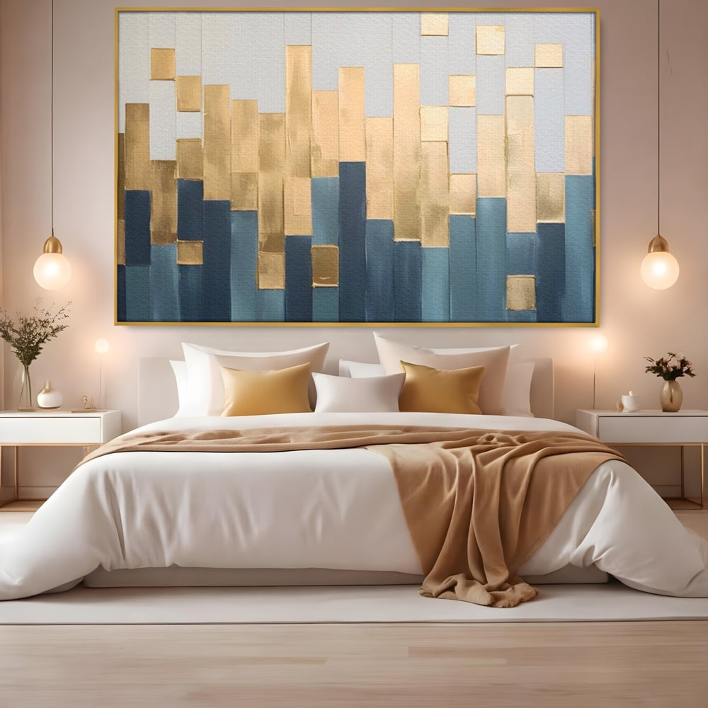 Tablou Canvas Premium LuxCanva® A1630, Mozaic Auriu , Living, Patrate, Turcoaz, Ploaie, Decorativ, Dormitor, Culori Vibrante